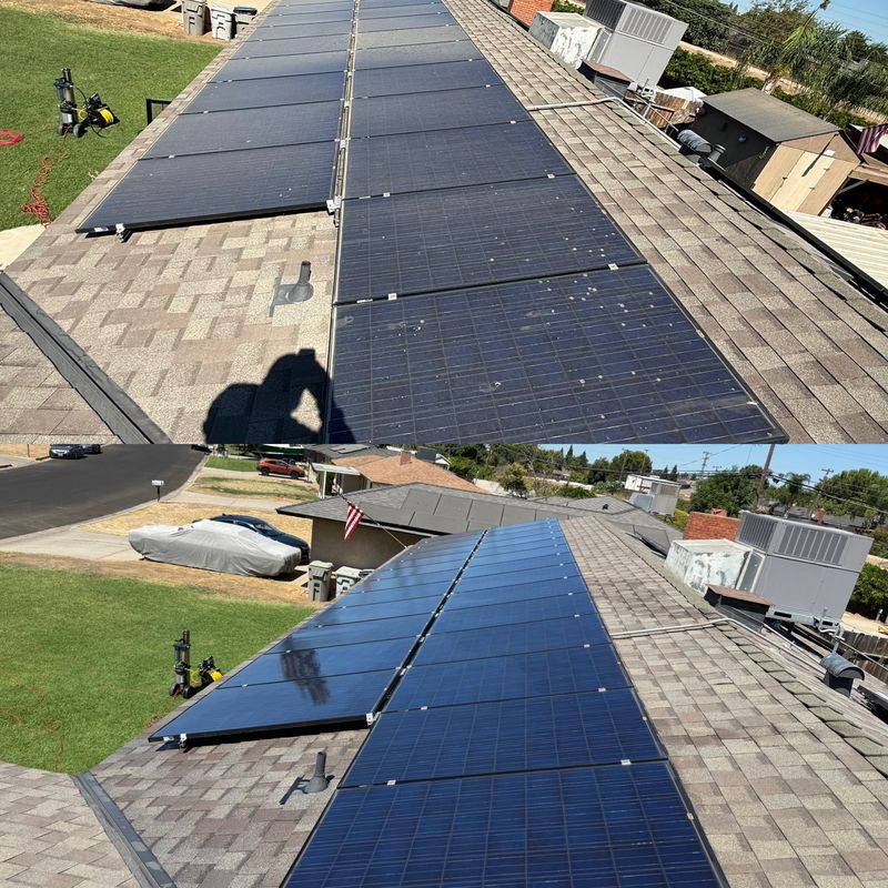 Before and after solar panel cleaning: dusty panels speckled with bird droppings, then deep black and glossy
