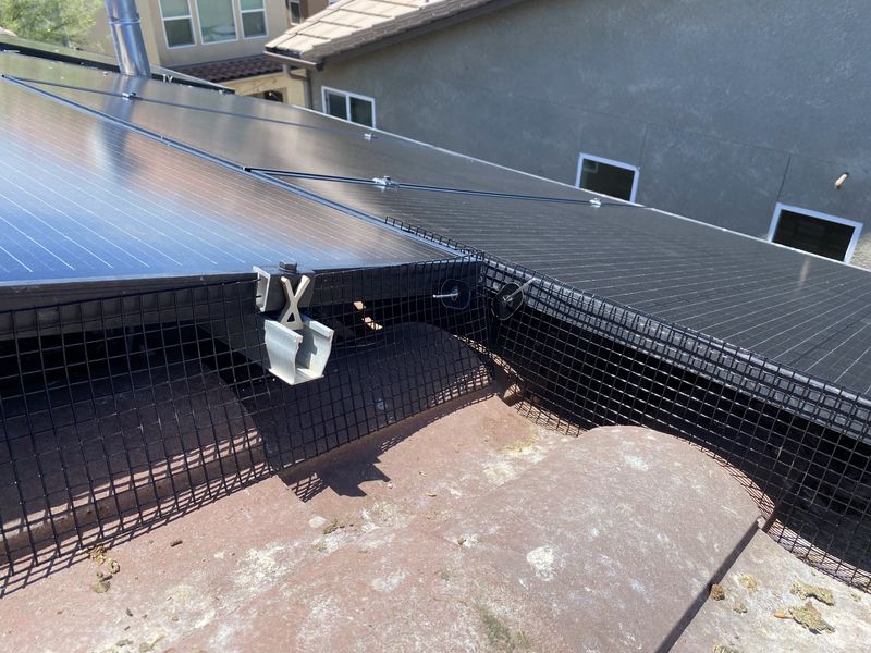 Black critter-guard mesh clipped neatly around the edge of a solar array