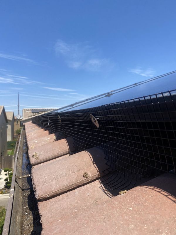 Bird-proofing mesh wrapping the edge of a solar array against a clear blue sky