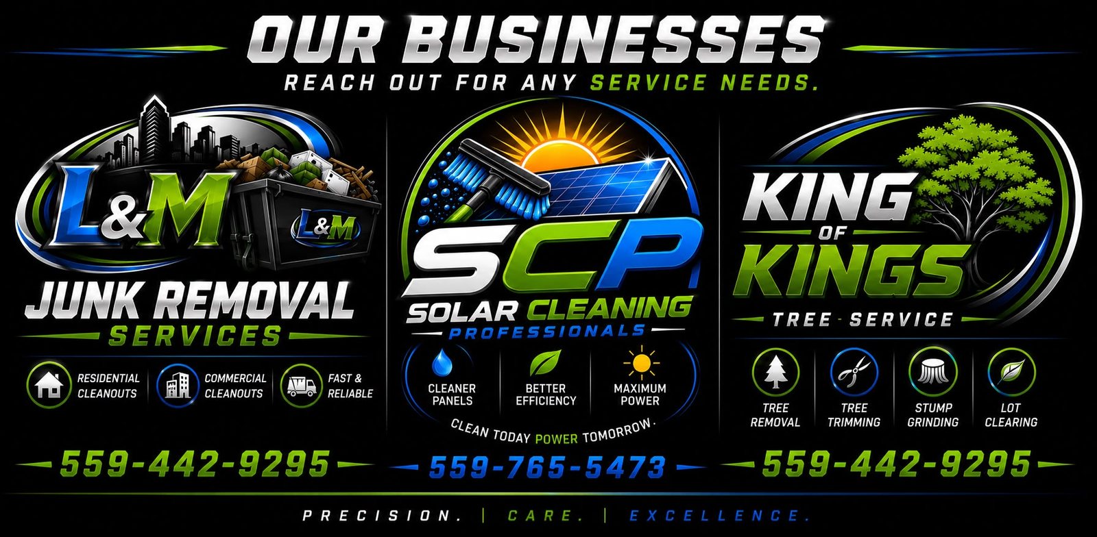 Our Businesses — L&M Junk Removal Services (559) 442-9295, Solar Cleaning Professionals (559) 765-5473, and King of Kings Tree Service (559) 442-9295.