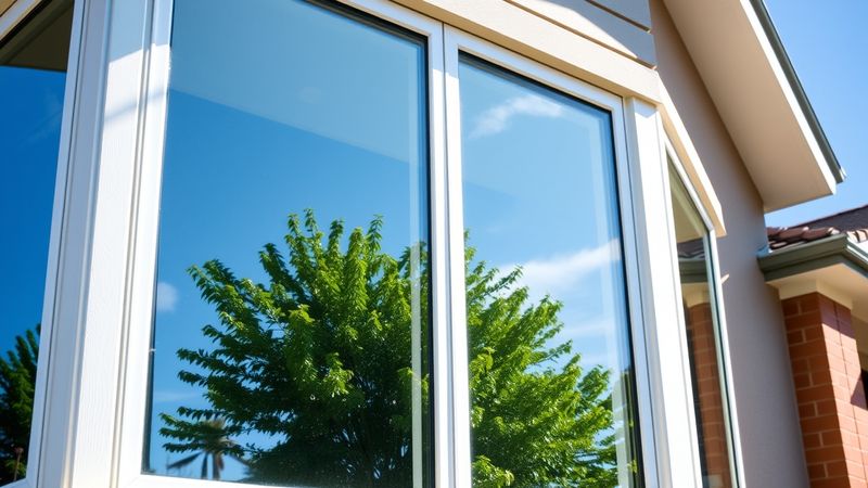 Spotless, freshly washed home windows reflecting blue sky and trees